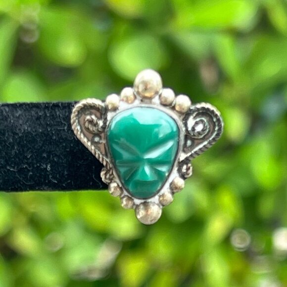 Vintage 1940's Mexican Alpaca Silver Green Tribal Mask Earrings Screw Back Aztec - Picture 3 of 8